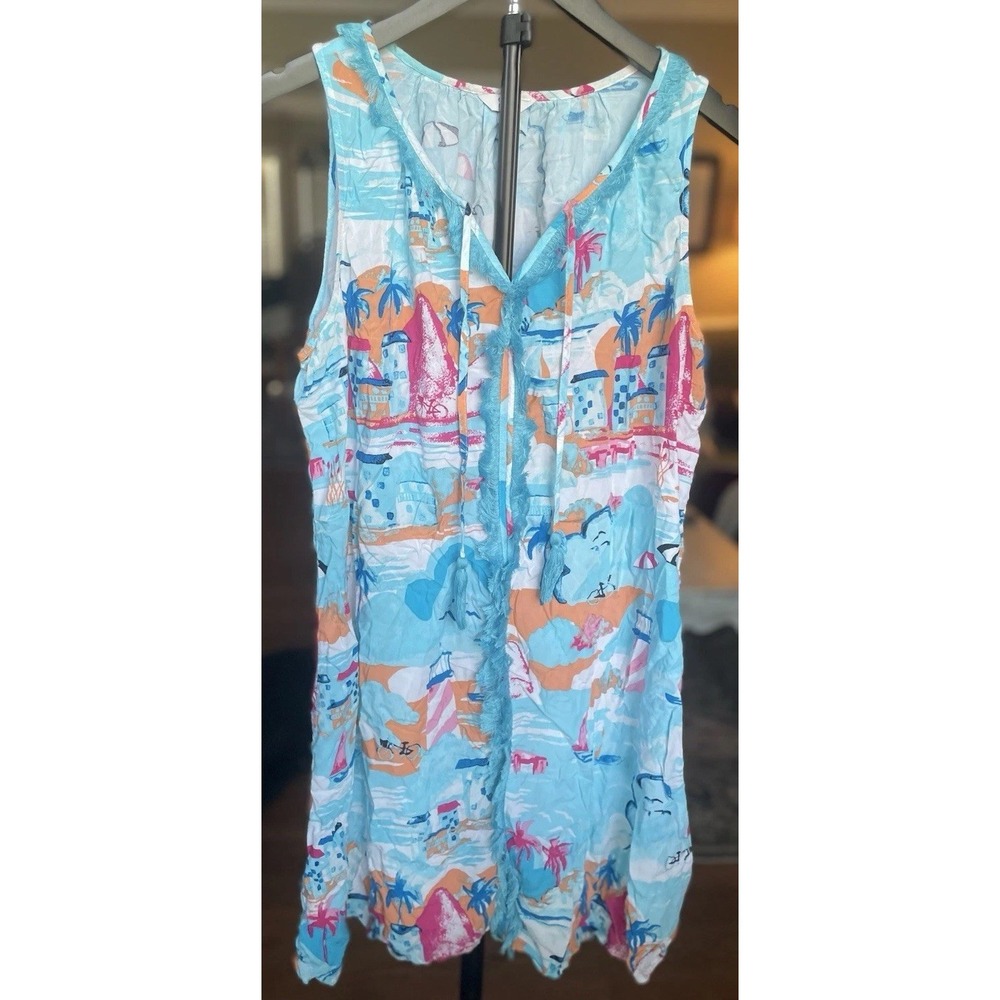 Crown and Ivy Women's XL Beach Themed Top with Tassels Blue and White